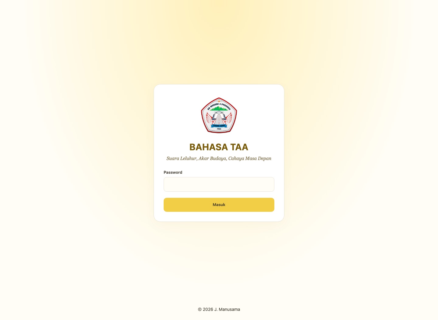 Bahasa Taa sign-in page featuring the SD Negeri 4 Pusungi emblem and a yellow-accented password form