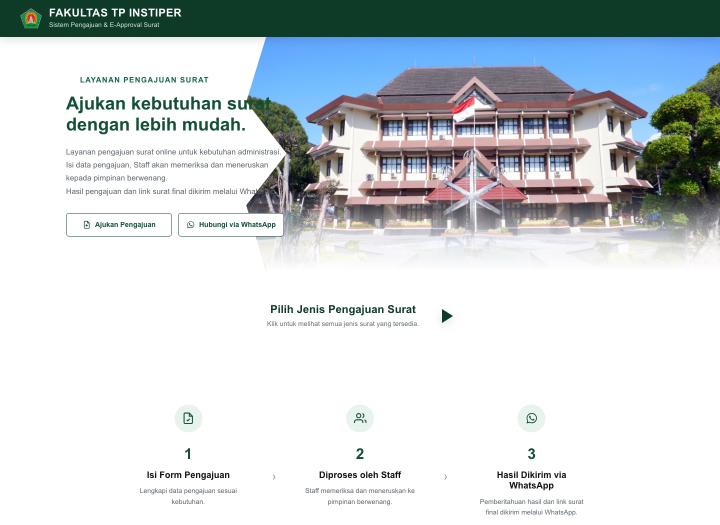 INSTIPER online letter request portal showing the campus, application options, and the staff review workflow
