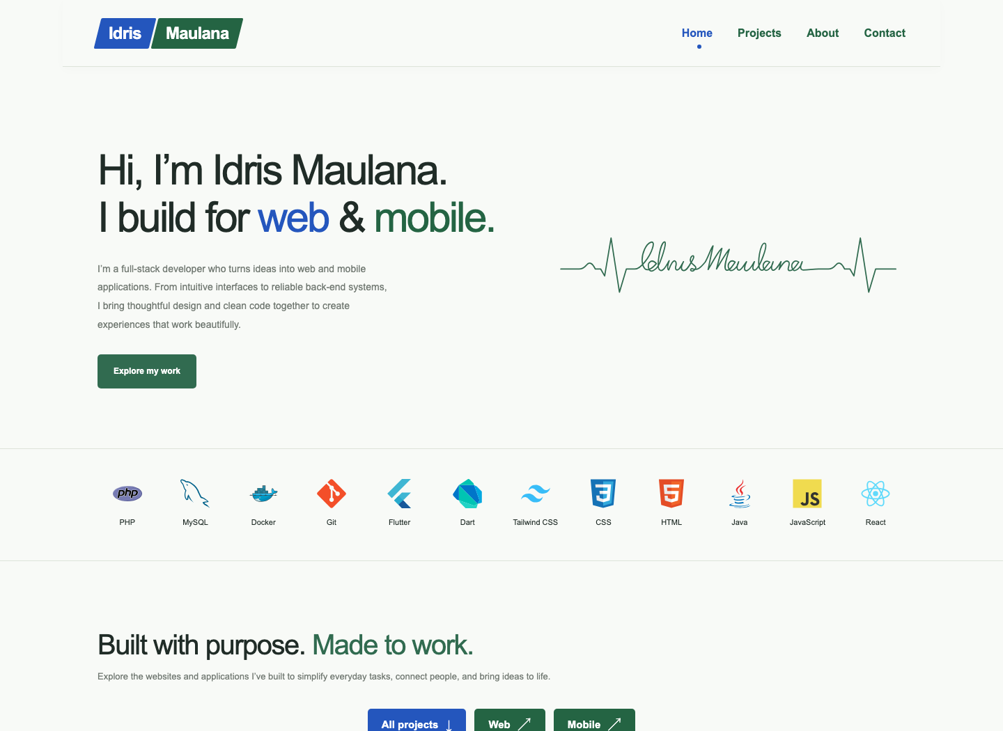 Idris Maulana portfolio website with its introduction, animated heartbeat signature, and technology showcase
