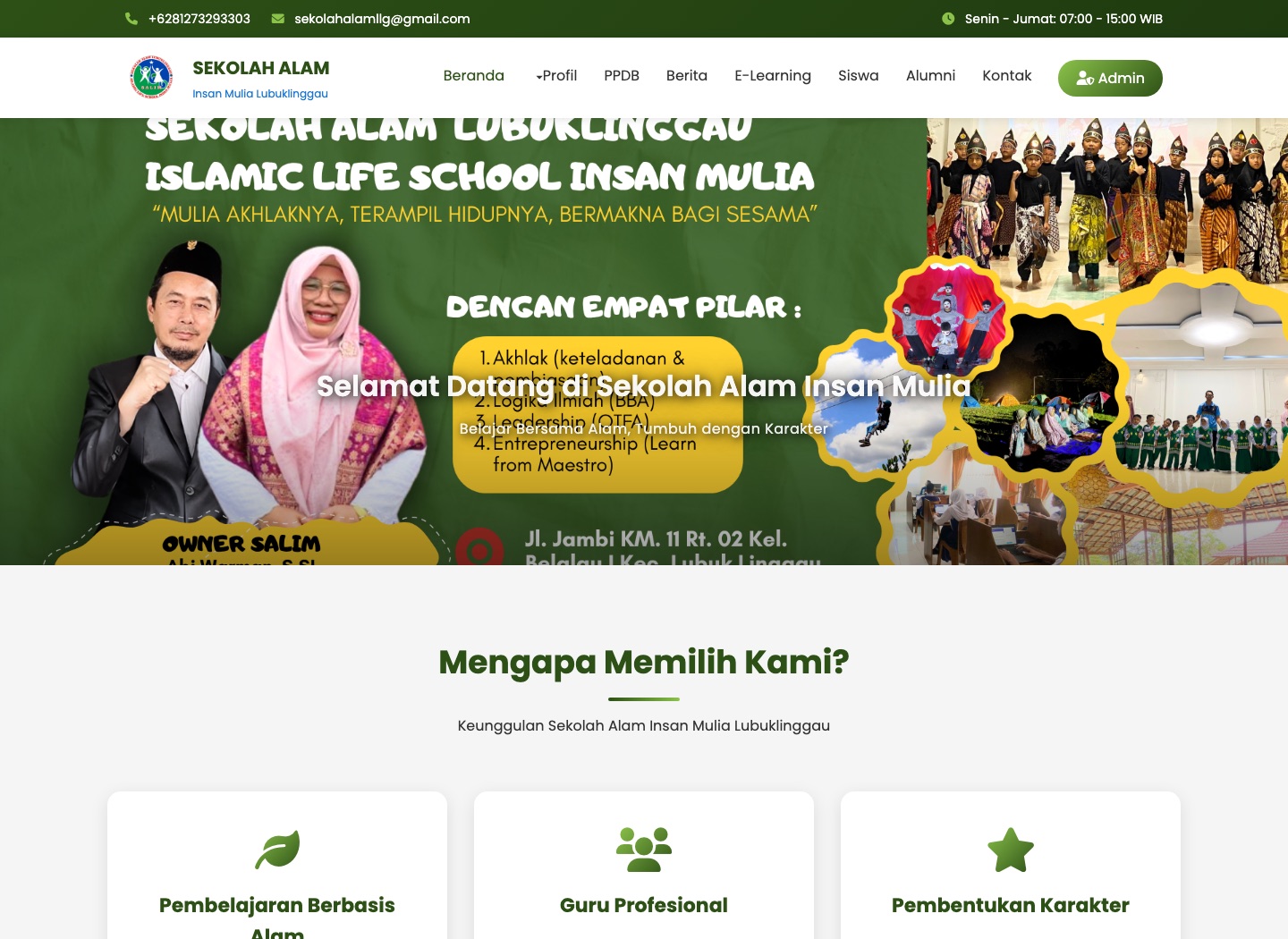 Sekolah Alam Insan Mulia Lubuklinggau website with its green school identity, welcome banner, and nature-based learning highlights